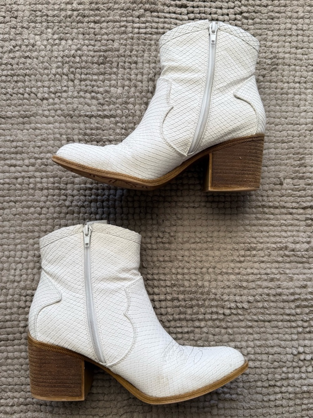 White Textured Leather Block Heel Ankle Boots